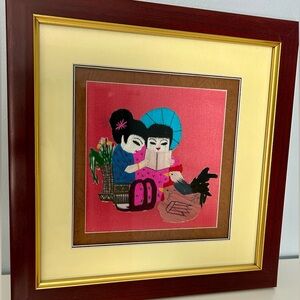 Vintage Framed Hand-Embroidered Asian Textile Art